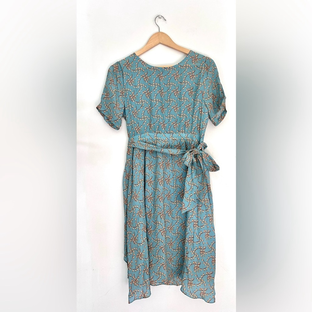 Mulberry silk Floral Blue Dress belted